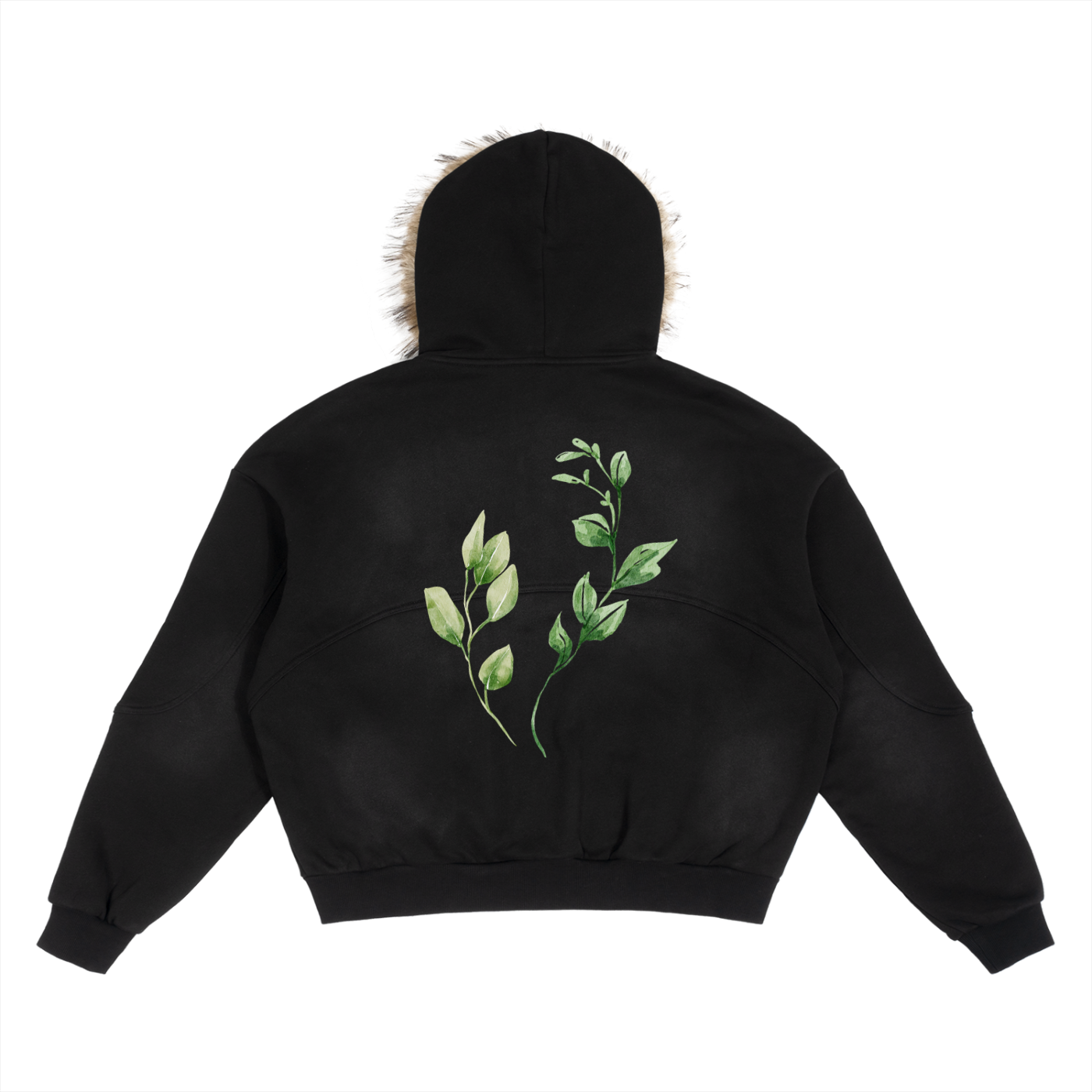 Sun Fade Boxy Detachable Fur Hoodie - Leaf Collection