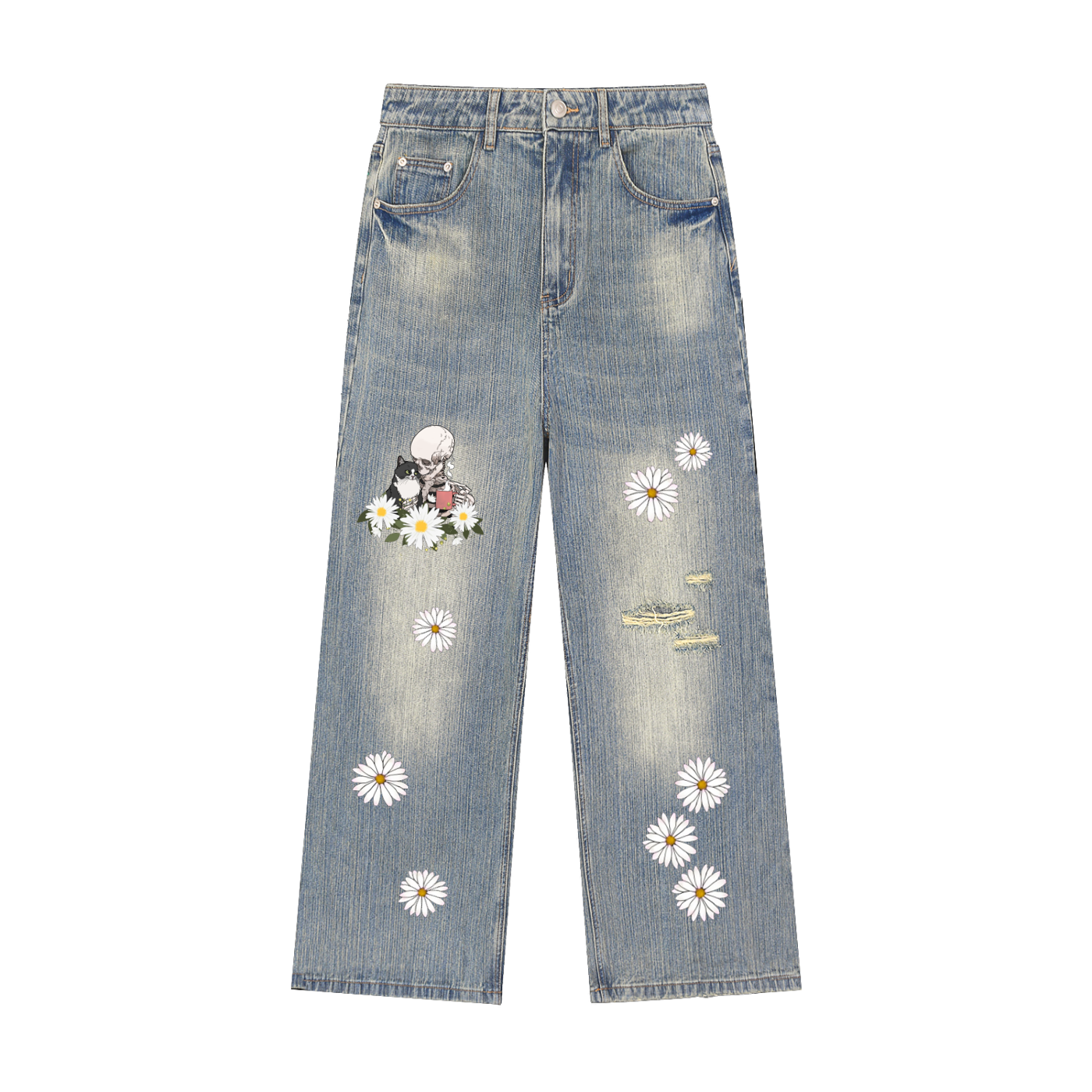 Jeans,Denim,Pants,Bukser,Blomster,Flower Collection ,Flower print,Skeleton,Skjelett,Cat