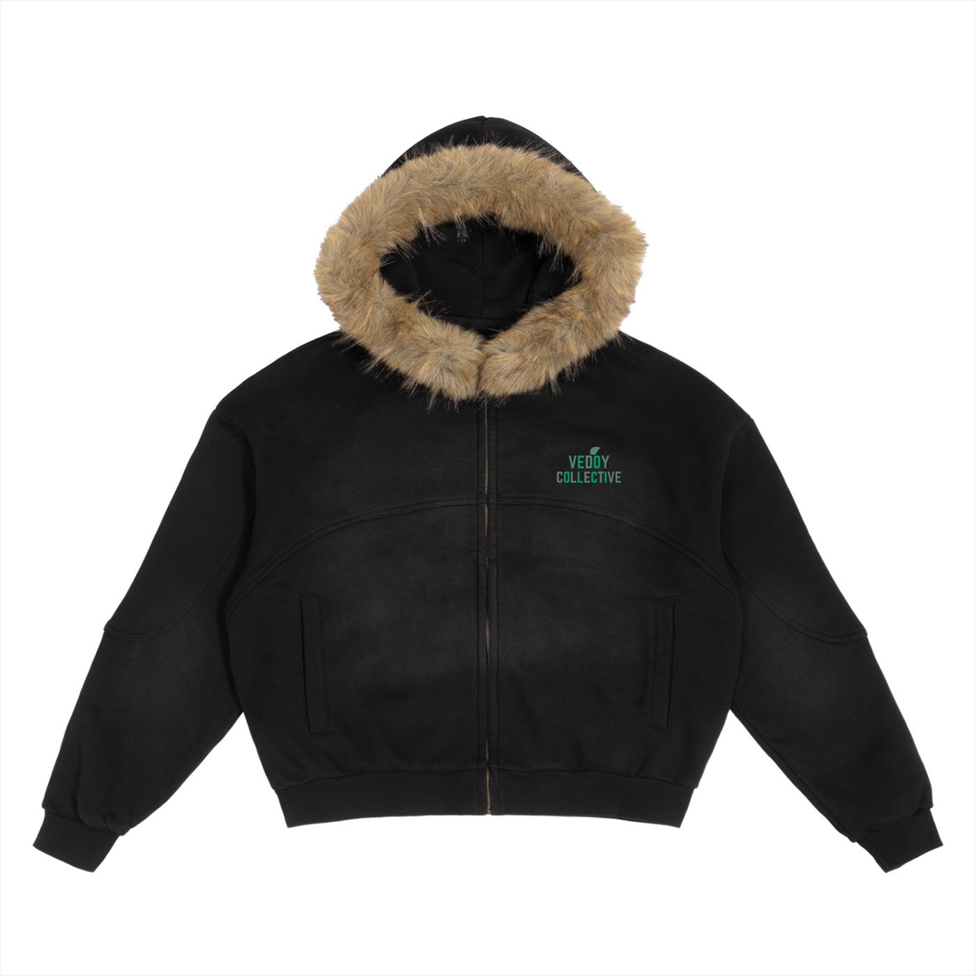 Sun Fade Boxy Detachable Fur Hoodie - Leaf Collection